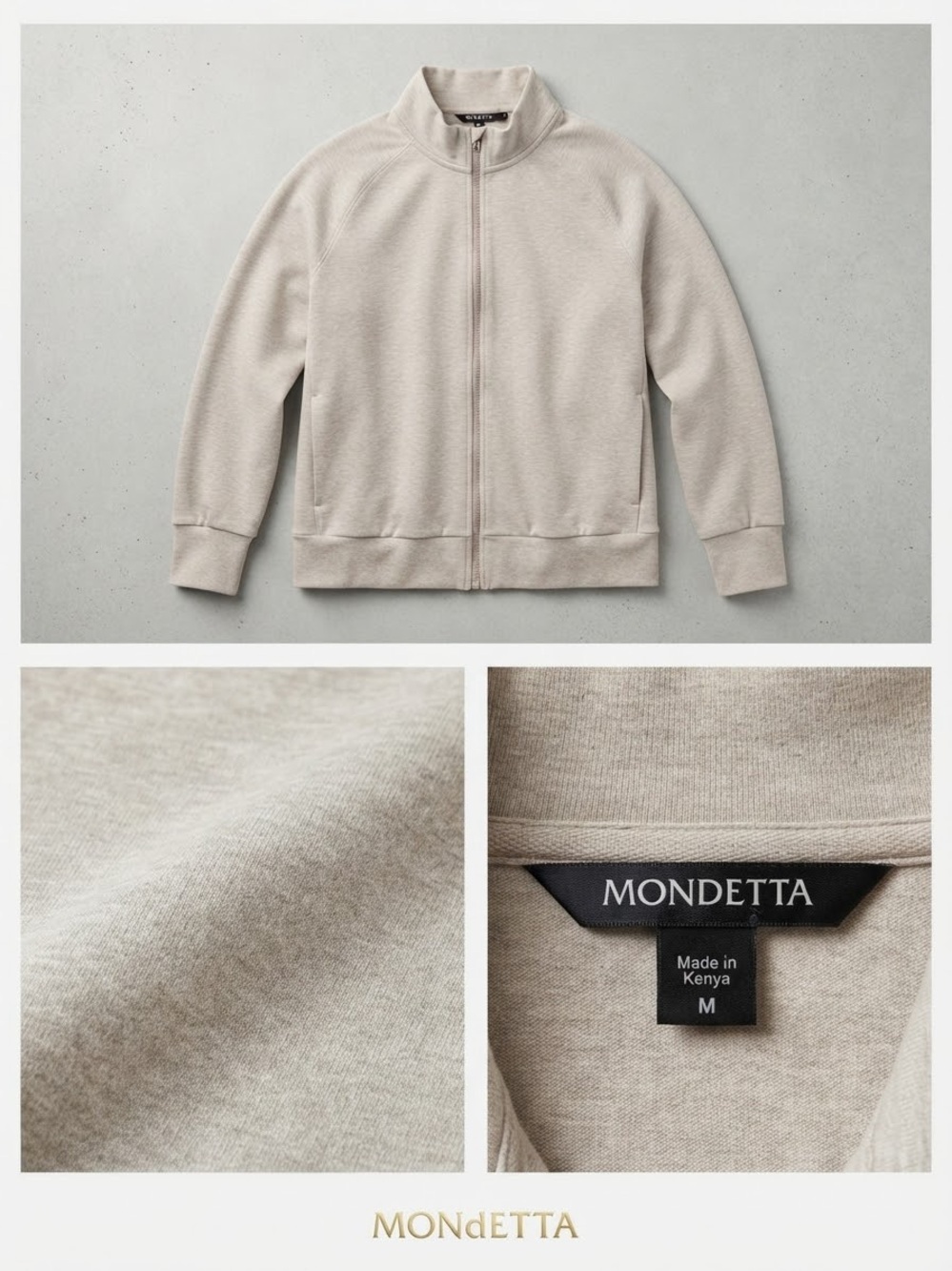 MONDETTA Men’s Beige Full-Zip Mock Neck Sweater